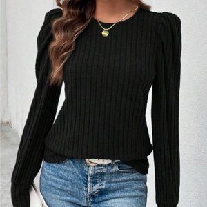 Clasi Solid Puff Sleeve Ribbed Knit Tee